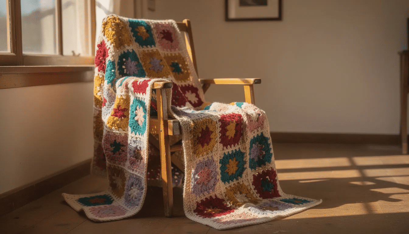 A colorful handmade crochet granny square blanket is elegantly draped over a wooden chair, filling the sunlit room with warmth and charm. The vibrant patterns of the blanket showcase unique artistry, making it a perfect addition to any home decor.