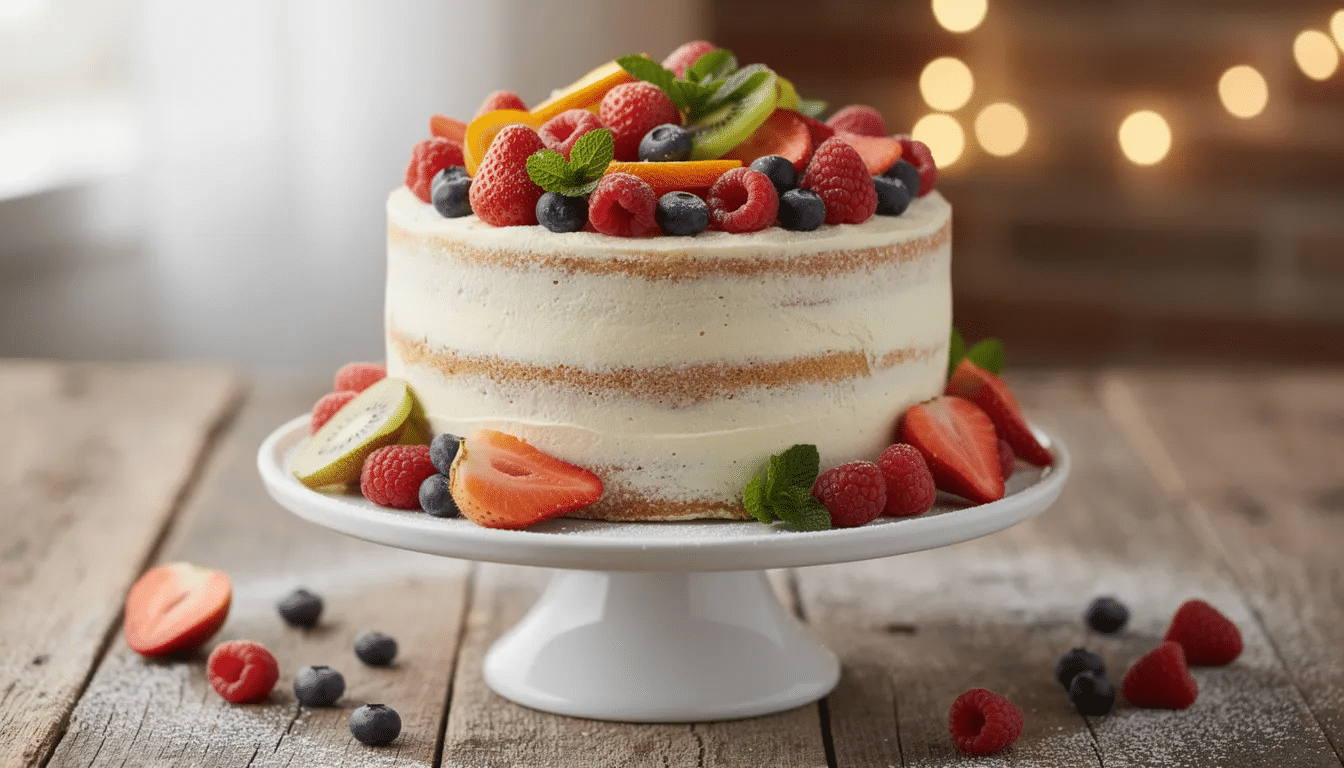The image features a beautifully decorated seasonal layer cake, adorned with an assortment of fresh fruits on top, showcasing the artistry of baked goods from a bakery. This eye-catching cake is perfect for special occasions and would make a delightful centerpiece for any event.