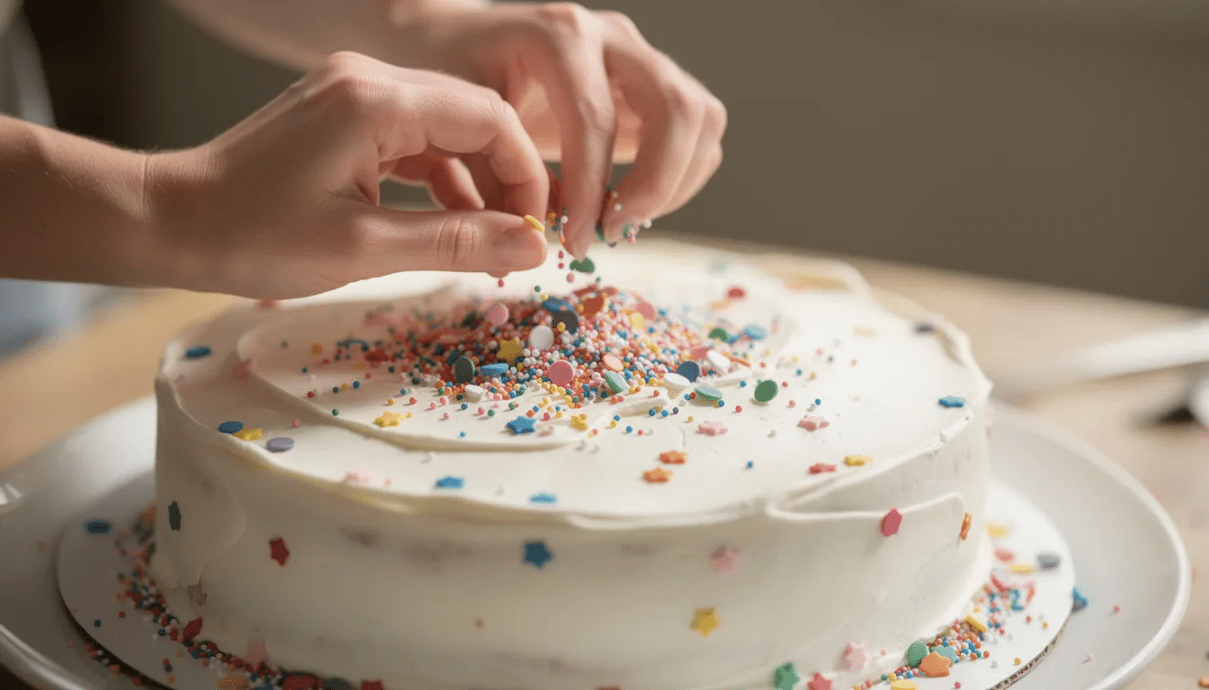 A close-up view of hands carefully decorating a frosted birthday cake with vibrant, colorful sprinkles. This image captures the joyful essence of creating birthday cake photos that celebrate special occasions.