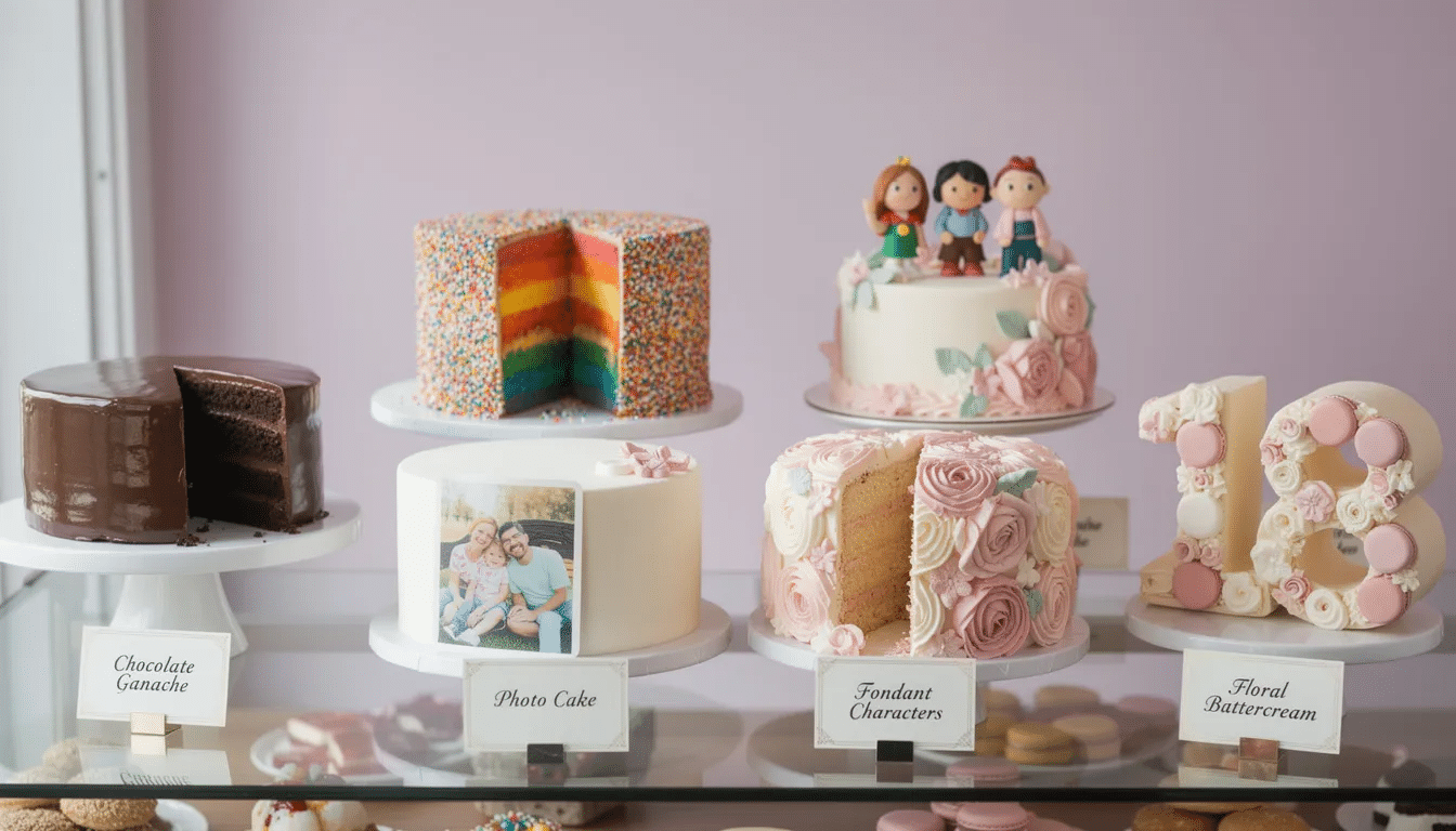 A vibrant array of popular birthday cake styles is displayed, including a glossy chocolate ganache cake, a colorful rainbow sprinkle cake, and a photo cake with an edible image. Additionally, there are whimsical fondant character cakes, elegant floral buttercream cakes adorned with piped roses, and creative number-shaped cakes celebrating milestone ages like 18, 30, or 50.