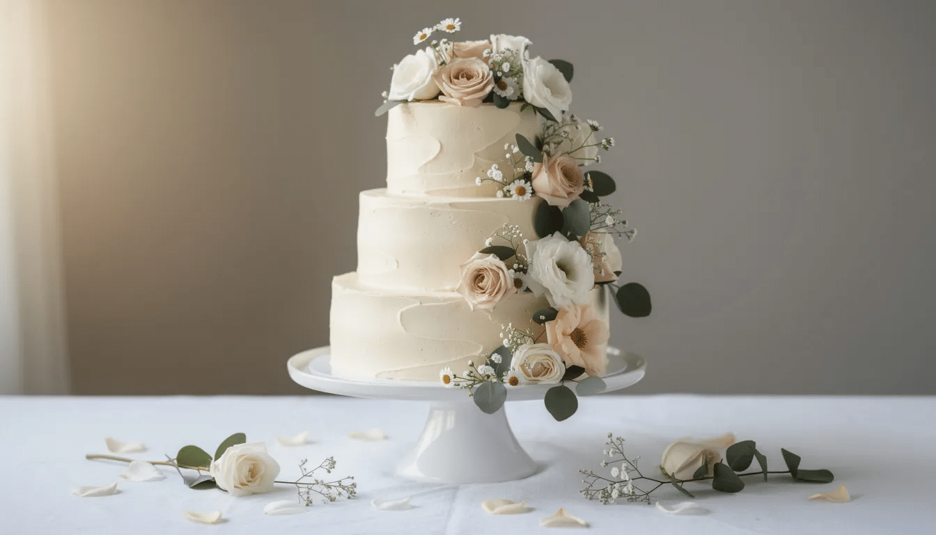 ade19594-677d-4914-b321-b09dffce79d8 A beautiful three-tiered plant-based wedding cake, elegantly adorned with fresh flowers and greenery, showcases a stunning vegan design perfect for a special celebration in Denver. This custom cake highlights the craft of plant-based baking, making it an ideal choice for those seeking delicious flavors without dairy.