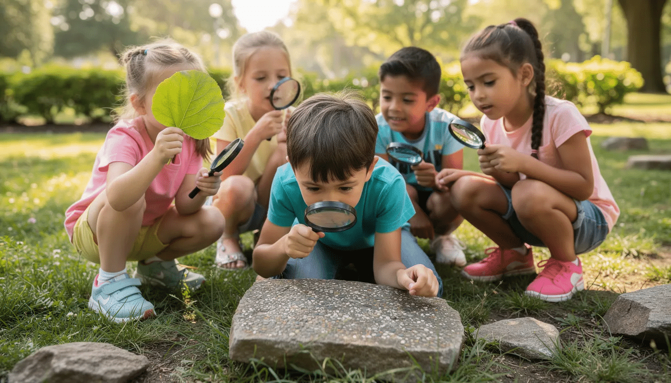 A group of kindergarten students are outdoors, using magnifying glasses to closely examine various leaves and rocks, engaging in a fun activity that promotes fine motor skills and basic science concepts. This playful learning experience encourages critical thinking and problem-solving skills as the young learners explore their environment.
