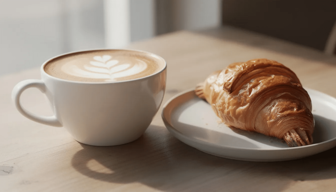 A beautifully crafted latte with an artistic foam design sits beside a golden croissant on a ceramic plate, showcasing the delightful baked goods often found in a bakery. This inviting scene captures the essence of pastries perfect for any occasion.