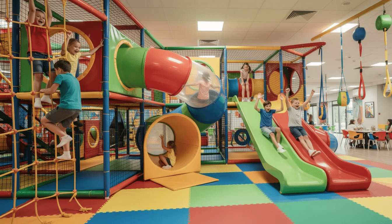 A vibrant indoor play structure features multiple levels with colorful slides and climbing nets, where children are actively engaged in play. This safe and fun environment invites kids to explore and create memorable experiences, making it perfect for birthday parties and family outings.