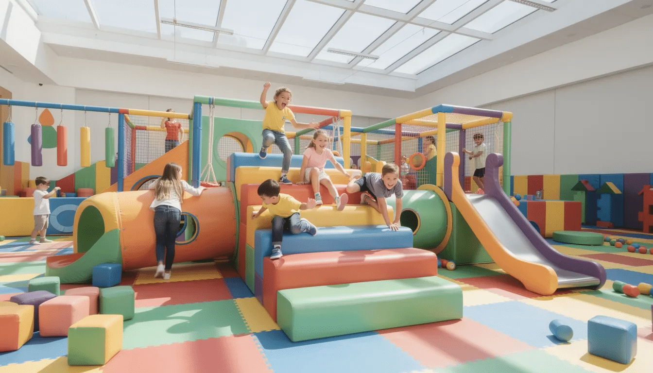 b1fc89a9-65ff-403d-a275-31b93dfc6dc3 In a vibrant indoor playground, young kids are joyfully climbing on colorful soft-play structures, engaging in rough play and exploring their playful surroundings. The bright space is filled with laughter as children navigate through foam pits and slides, creating fun memories during their playtime.