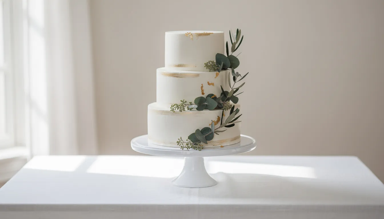 A minimalist white wedding cake is elegantly displayed, adorned with fresh greenery and subtle gold details, perfect for special occasions. This premium cake, made with the finest ingredients, is designed to satisfy your sweet tooth and elevate any celebration.