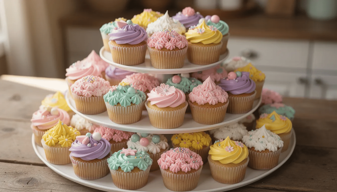 A tiered display stand showcases an array of colorful cupcakes, each topped with unique frosting designs, perfect for celebrating special occasions. These delicious cakes, made with the finest ingredients, invite you to enjoy a variety of flavors for your next event or holiday gathering.