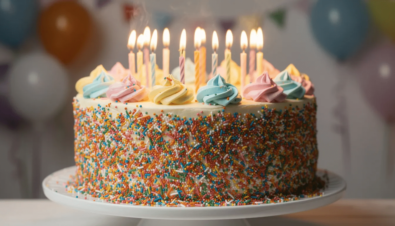 A vibrant birthday cake features three layers adorned with rainbow sprinkles and buttercream swirls, topped with lit candles, perfect for celebrating special occasions. This delightful cake, with its fluffy texture and colorful decoration, embodies the joy of cake recipes that bring people together.