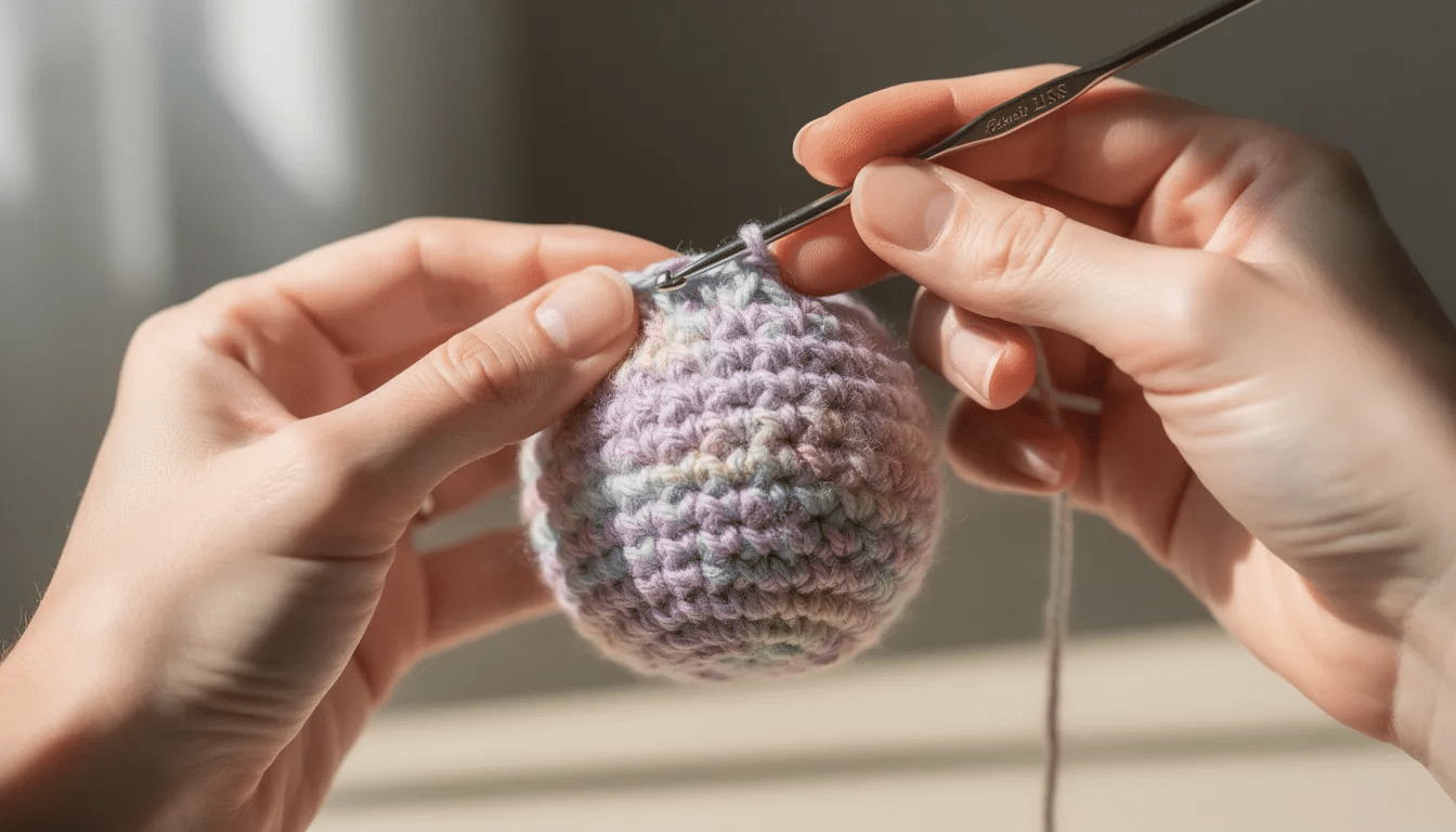be76d92f-2e0d-4f39-a77b-98849b948e6e A close-up image shows hands skillfully holding a small crochet hook, specifically a Clover Amour hook, as they work on a round amigurumi piece made from soft cotton yarn, creating tight amigurumi stitches. The focus is on the intricate details of the tiny stitches being formed, highlighting the smooth glide of the hook through the yarn.