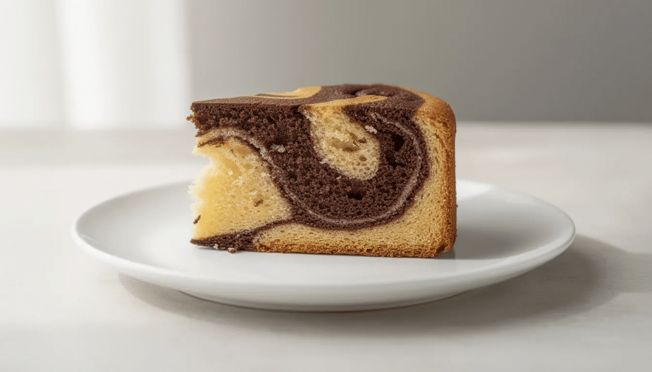 A slice of marble cake rests on a white plate, showcasing beautifully swirled layers of vanilla and chocolate. The cake's fluffy texture and rich colors make it an inviting dessert, perfect for any occasion or birthday cakes.
