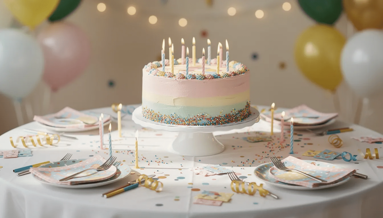 A beautifully decorated birthday party table features a decadent three-layer cake adorned with cream cheese frosting and mini chocolate chips, surrounded by plates and lit candles, ready for a joyful celebration. The table setting exudes a festive atmosphere, perfect for indulging in delicious desserts during special occasions.