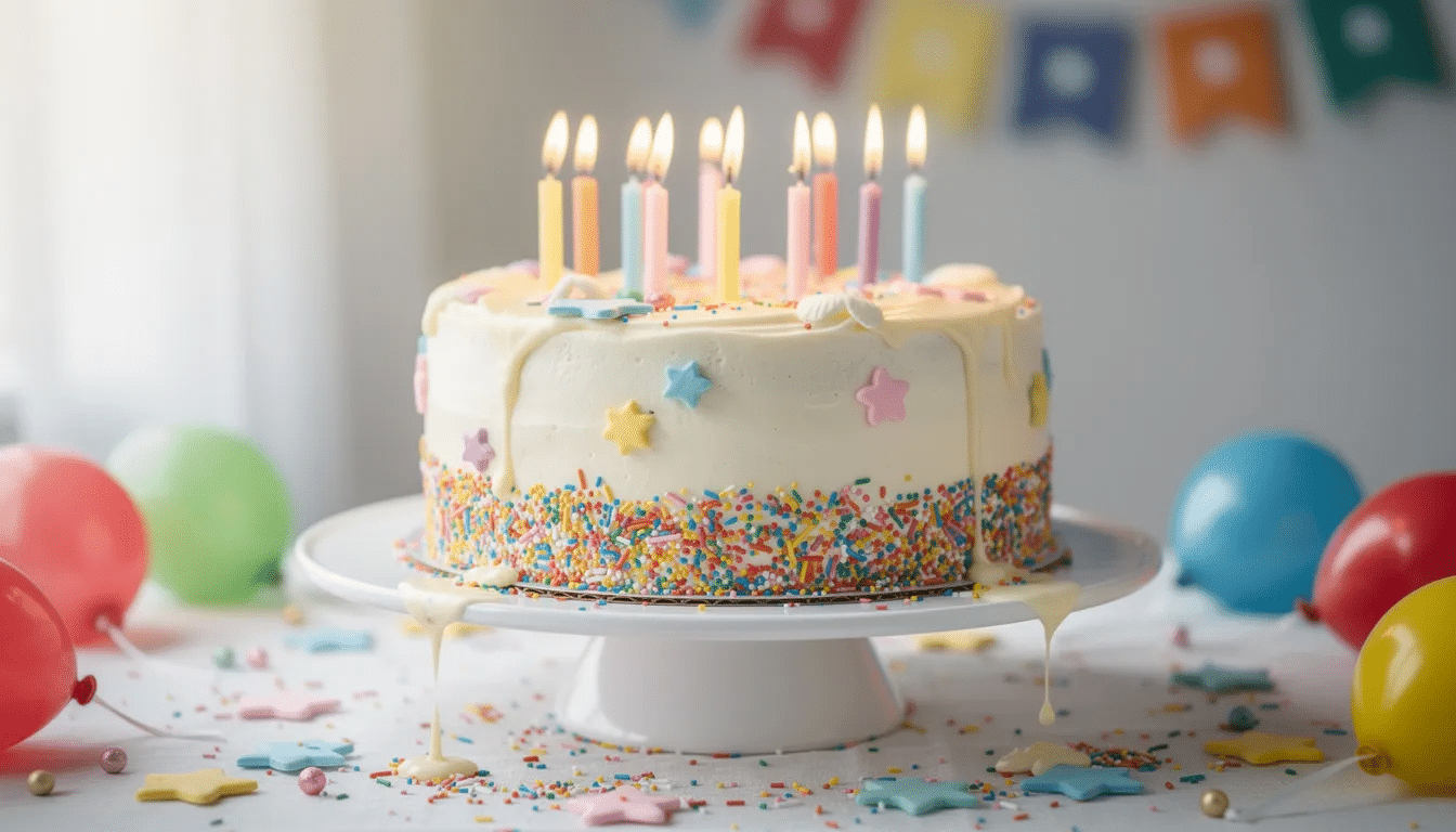 A vibrant birthday cake adorned with colorful decorations and lit candles sits at the center of a festive table, perfect for a special occasion. This delicious cake, ideal for parties in Tucson, showcases amazing baking skills and a variety of flavors to satisfy any sweet tooth.