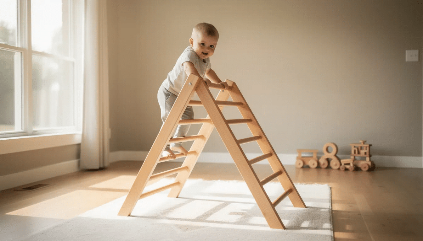 A toddler is joyfully climbing on a wooden Pikler triangle climber in a bright playroom filled with colorful indoor play structures. The space is designed for children to explore and engage in active play, promoting creativity and coordination in a safe environment.