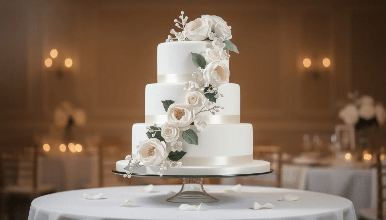 c6bd2cf4-785c-4c96-a94d-4bb112846cc7 An elegant multi-tiered white fondant wedding cake is beautifully displayed on a stand, adorned with delicate sugar flowers that add a touch of sophistication. This custom fondant cake showcases intricate finishing touches, making it a stunning centerpiece for any wedding celebration.