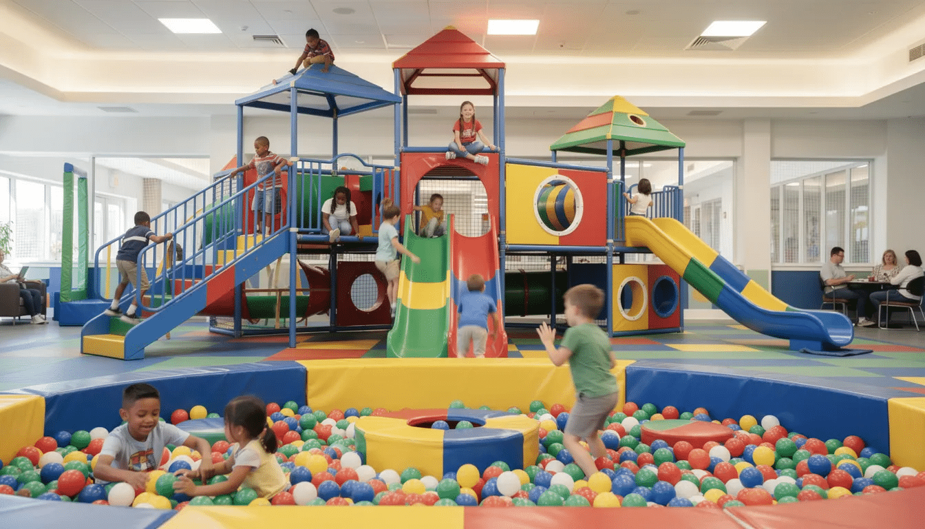A vibrant indoor playground in Houston, TX, filled with children joyfully climbing on colorful multi-level equipment, navigating slides, and diving into ball pits, creating a perfect place for fun and play during a birthday party or child's party. The atmosphere is lively, with kids exploring and enjoying their time with friends in a safe and engaging environment.