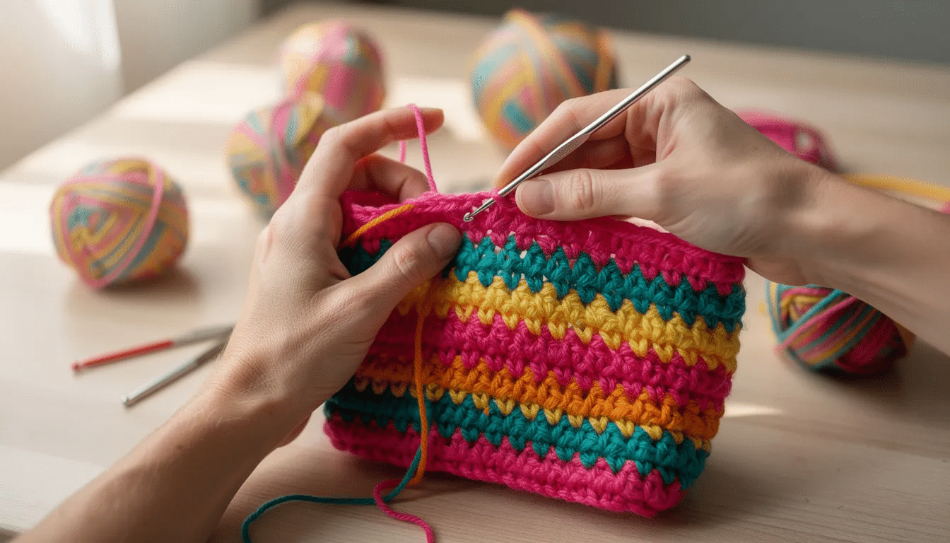 The image shows hands skillfully working on a vibrant crochet bag project, with various colorful yarns and crochet hooks neatly arranged nearby. This scene captures the essence of creating unique crochet bags, inviting beginners to discover the world of crafting.