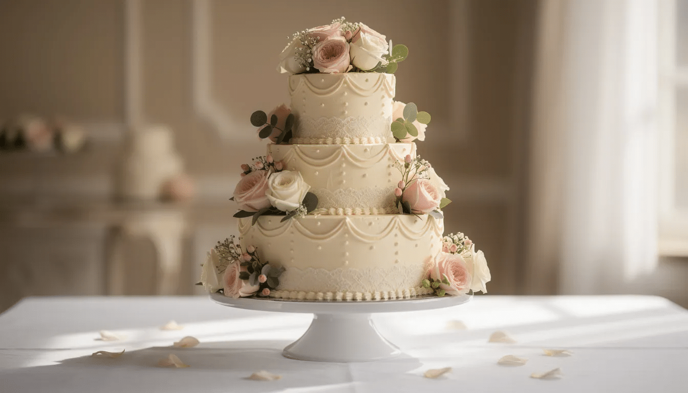The image depicts an elegant tiered celebration cake adorned with decorative frosting and fresh flowers, showcasing a variety of delicious flavors like vanilla buttercream and chocolate buttercream. This beautiful cake is perfect for special occasions and highlights the artistry of gourmet desserts.
