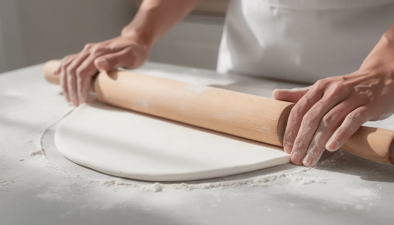 c98cacfd-829c-4165-9733-78ddef6b45a5 A pair of hands is skillfully rolling out white fondant on a lightly floured surface using a rolling pin, preparing to create a beautifully customized fondant cake for a special occasion. The scene captures the artistry involved in finishing touches for custom cakes, showcasing the care taken in the cake decorating process.