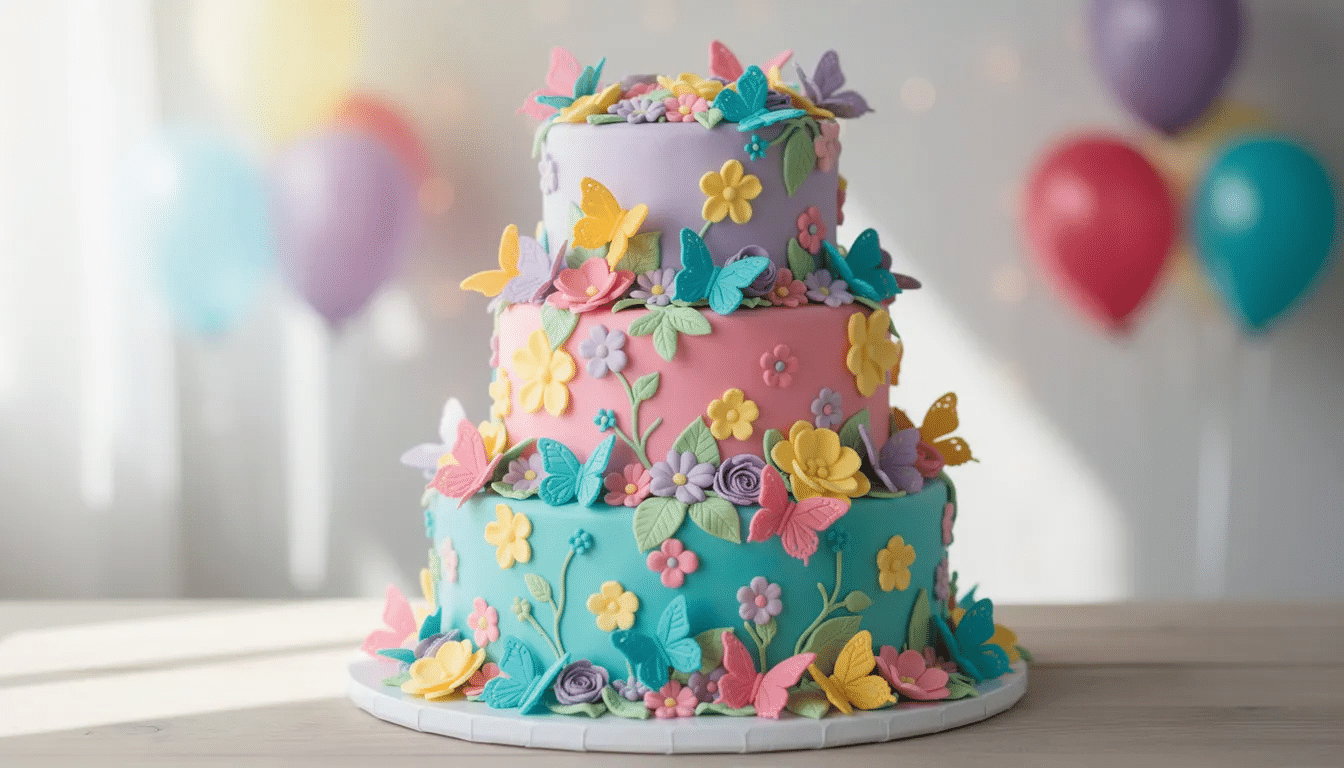 cd61ad3d-c7fb-481d-b35b-6f34b18281dc A vibrant custom fondant birthday cake is adorned with colorful fondant flowers and delicate butterflies, showcasing intricate finishing touches that make it a delightful centerpiece for any celebration. The cake's bright colors and whimsical decorations create a joyful atmosphere, perfect for a festive occasion.