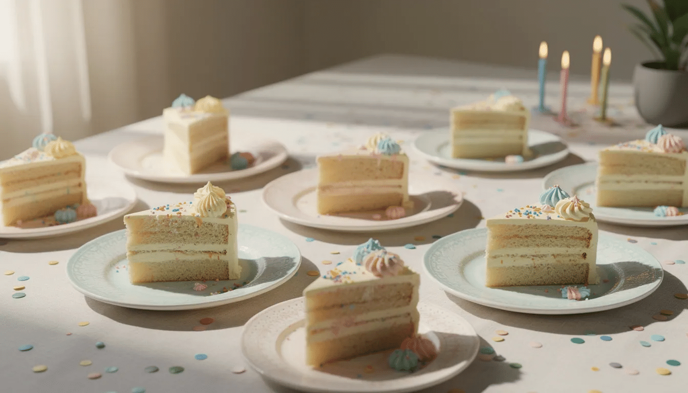 cde01588-70b6-4e65-9af5-c87f5adbec47 The image shows a neatly arranged table featuring slices of colorful birthday cake on decorative plates, each adorned with rainbow sprinkles and creamy frosting, creating a festive atmosphere perfect for celebrating special moments. The variety of cake flavors suggests a delightful selection for guests to enjoy.