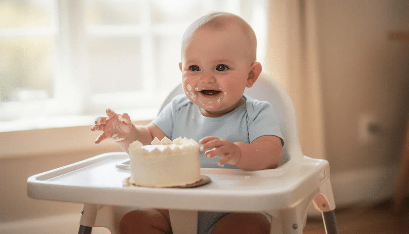 A joyful baby sits in a high chair, reaching out to touch a small frosted smash cake, with soft natural light streaming in from a nearby window. This delightful scene captures the essence of a perfect moment for a birthday party, showcasing the cake's inviting appearance.