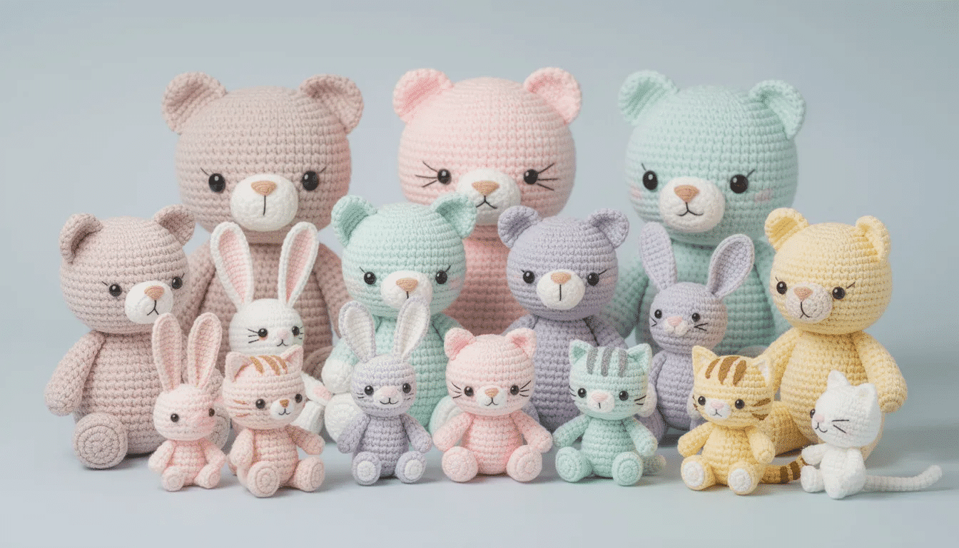 d17e32a4-eaba-424e-9501-d7137749250d A collection of finished amigurumi animals, including adorable pastel-colored bears, rabbits, and cats, showcases the intricate craftsmanship of crocheting amigurumi with tight stitches. The soft cotton yarn used gives each piece a delightful texture, perfect for cuddling or display.