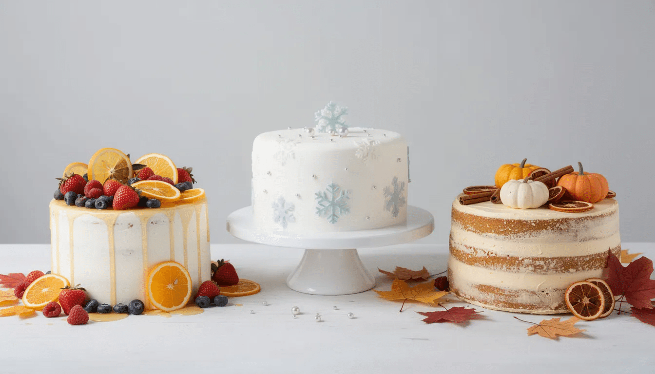 This image features a collection of seasonal birthday cakes: a vibrant summer cake topped with fresh berries and citrus, a winter cake adorned with delicate white fondant snowflakes, and a warm-toned autumn pumpkin-spice cake. Perfect for celebrating birthdays throughout the year, these birthday cake photos showcase a delightful variety of flavors and designs.