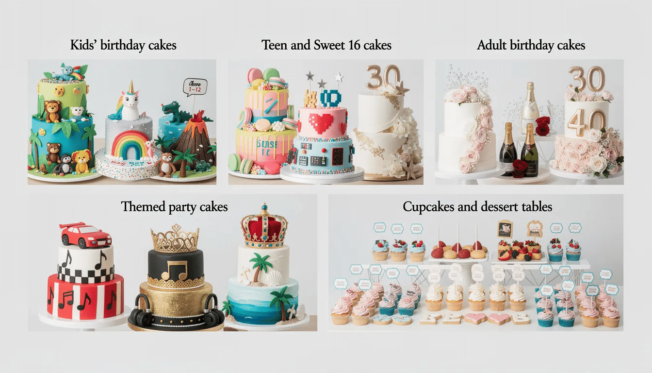d20e69ea-752a-4240-8e85-c470aff5913f A vibrant collection of birthday cake images showcases various designs tailored for different age groups and themes, including playful kids' cakes featuring jungle animals and unicorns, elegant adult cakes adorned with gold leaf, and themed party cakes like racing cars and music motifs. The gallery also highlights coordinated dessert tables with cupcakes and cake pops that complement the birthday cake designs.