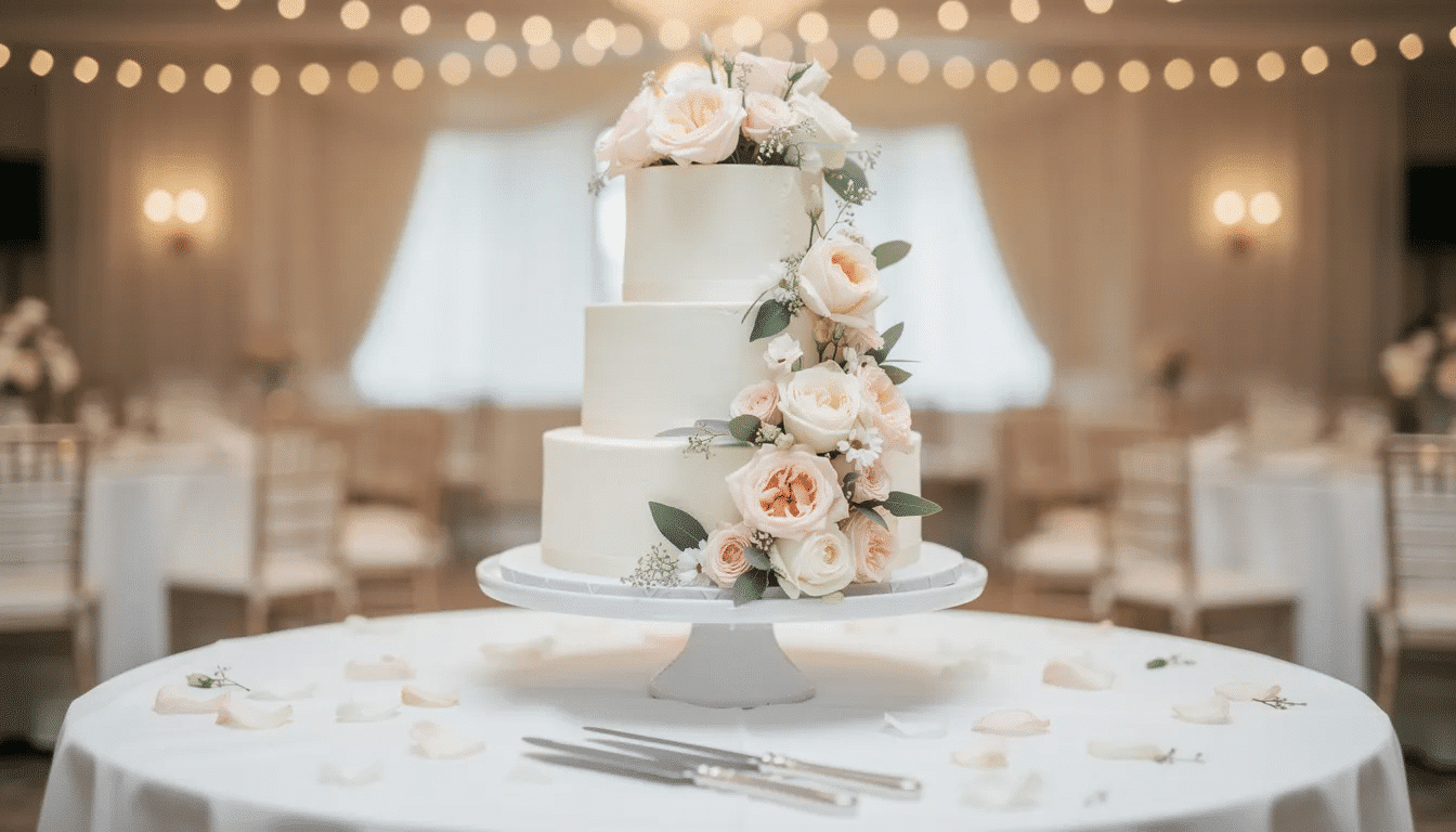 A beautifully crafted three-tiered white wedding cake adorned with fresh flowers sits elegantly on a display table, perfect for celebrating a special occasion. This dream cake, made with the finest ingredients, is an ideal centerpiece for any wedding or event.