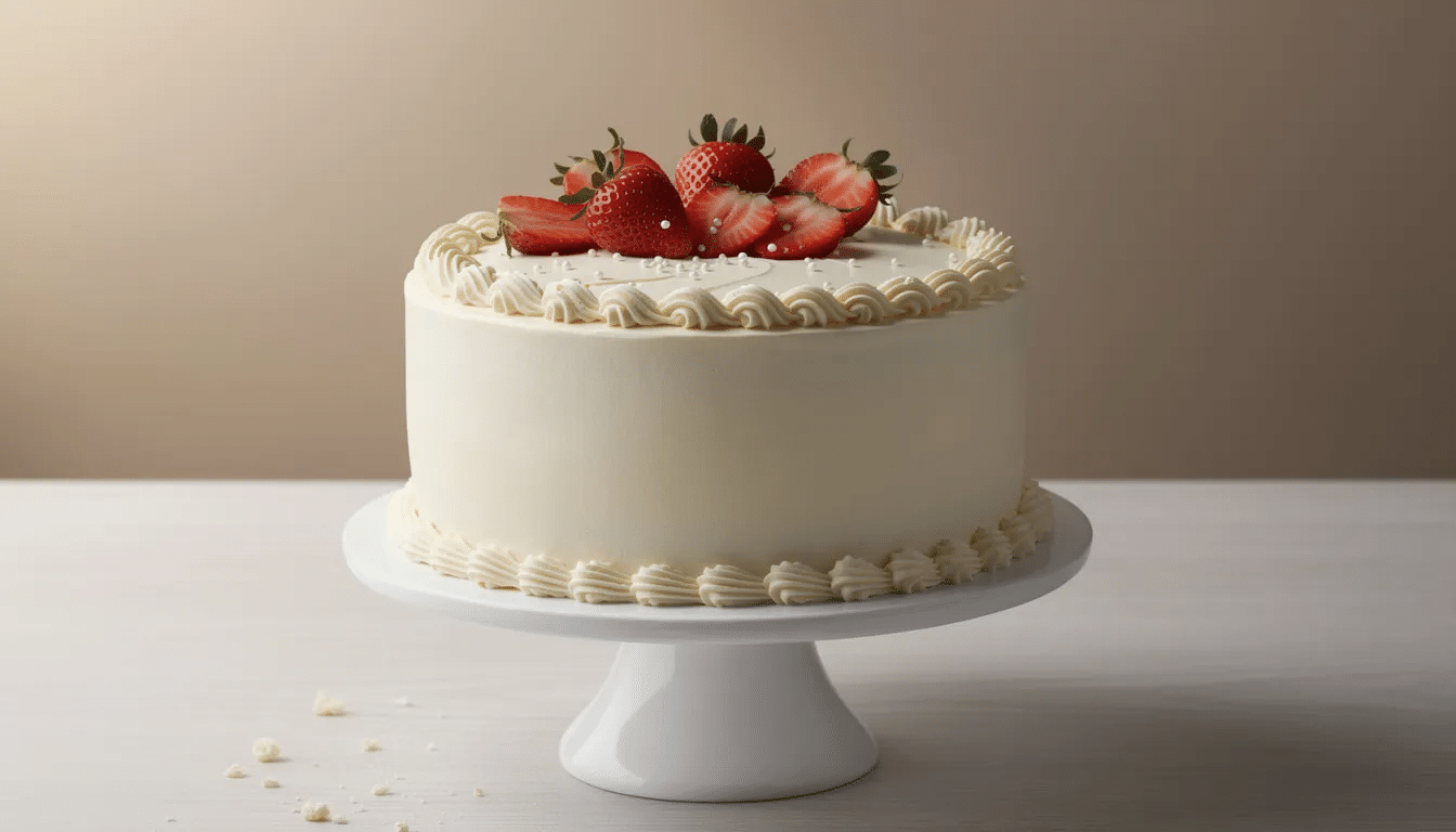 The image depicts a beautifully decorated half sheet cake, featuring layers of moist vanilla and carrot cake, topped with creamy frosting and elegant decorations. This cake is perfect for serving at a party, with a cake serving chart indicating it can provide generous slices for guests.
