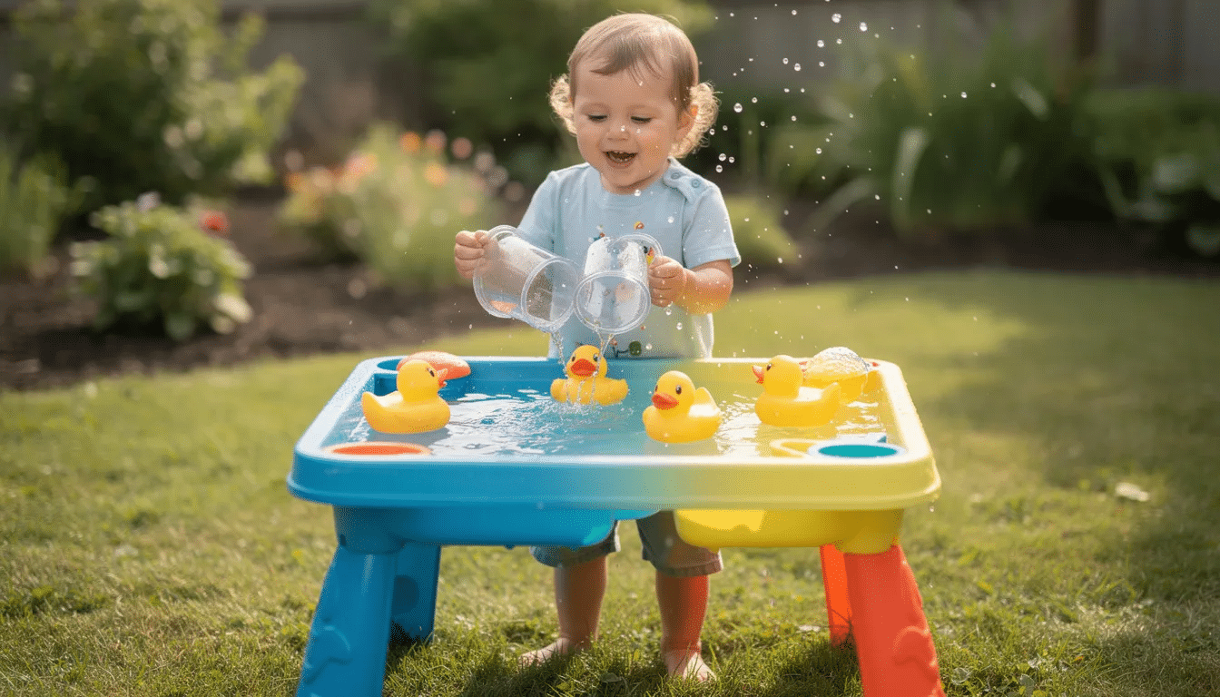 A joyful toddler stands at a colorful plastic water table outdoors, splashing water with cups and rubber ducks on a warm day. This engaging water play activity encourages fine and gross motor skills while providing a fun sensory experience for little ones.