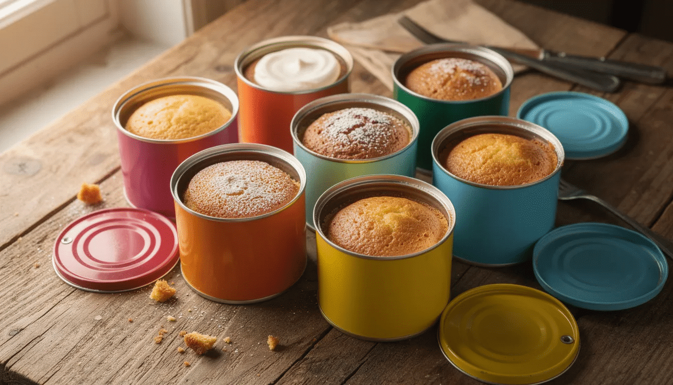 d7d3cf07-f325-4b3b-b9c1-b0f92d725933 The image features an assortment of colorful metal cans, each containing individual cakes, beautifully arranged on a wooden table. These sealed cans showcase a variety of delicious flavors, including Japanese cheesecake, making them ideal for sharing with friends or enjoying as sweet desserts any day.