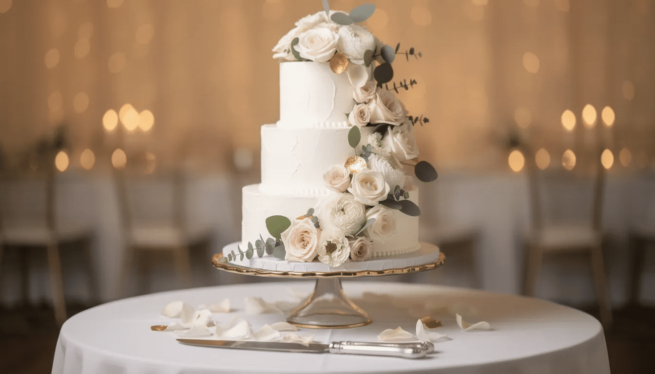 The image features a stunning three-tiered white wedding cake, elegantly adorned with cascading fresh flowers, showcasing a perfect blend of flavors. This decadent dessert, ideal for celebrations, is designed to impress guests with its smooth cream cheese topping and delicate floral garnishes.