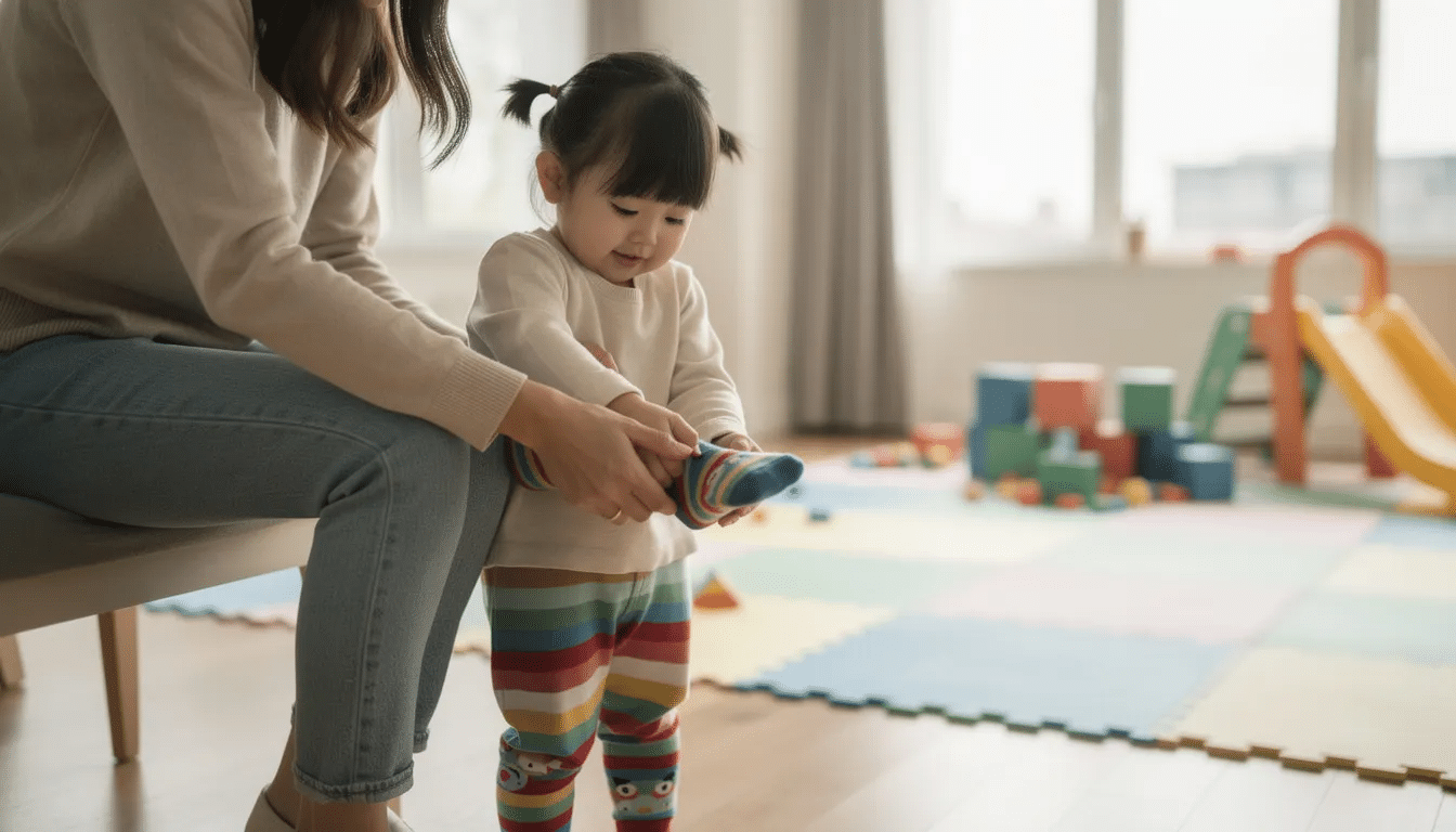 A parent assists a young child in putting on colorful socks before they enter the indoor playground, creating a fun and safe environment for kids to explore and play. This moment captures the joy of preparing for a child's party in Houston, TX, where friends gather to enjoy the perfect place for toddlers to have fun.
