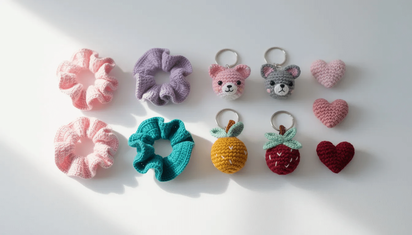 dff7cfd2-e1ca-43a6-a346-9c716b601169 The image features an assortment of small crocheted items, including colorful scrunchies, keychains, and mini hearts, showcasing a variety of textures and hues. These easy crochet gift ideas are perfect for last-minute gifts or as thoughtful handmade gifts for friends and family.