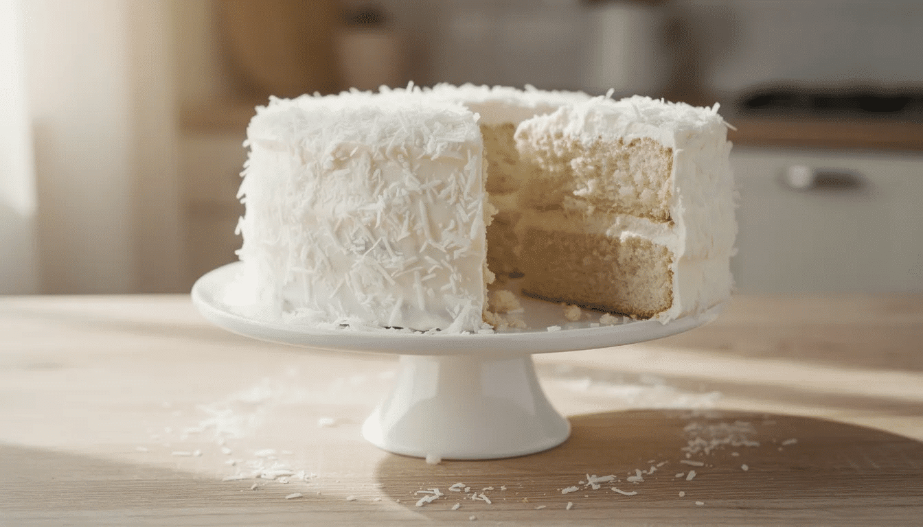 The image features a stunning three-layer coconut cake, elegantly frosted and adorned with white shredded coconut flakes, displayed on a cake stand. This moist and creamy coconut cake is sure to be one of the best coconut cakes in Atlanta, perfect for indulging in rich flavors and delightful desserts.