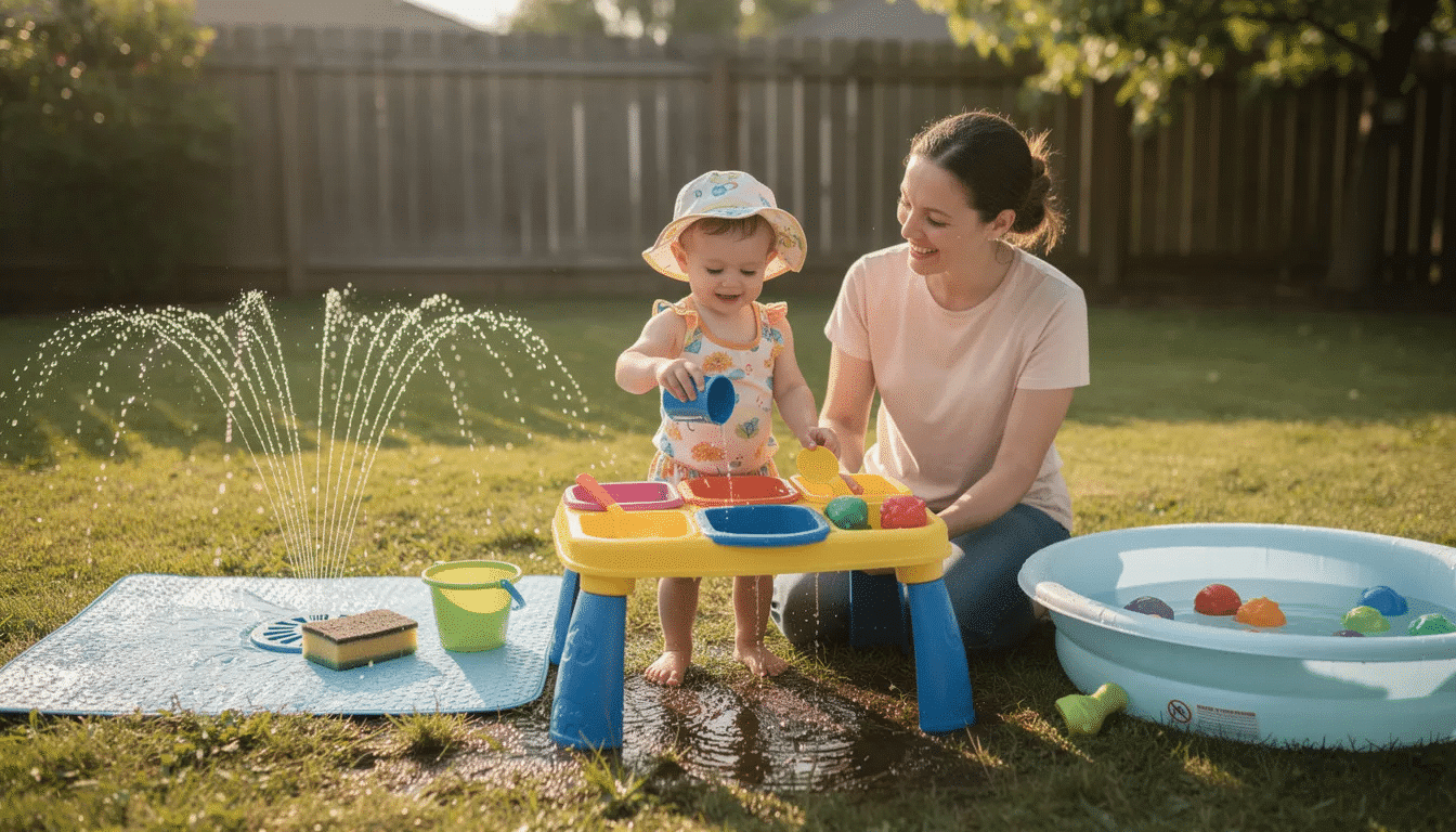 A joyful scene of a one-year-old playing with a water table outdoors, splashing water and exploring different textures with colorful bath toys. This engaging water play activity promotes sensory experiences and gross motor skills development while the child enjoys the warm weather and fresh air in their own backyard.