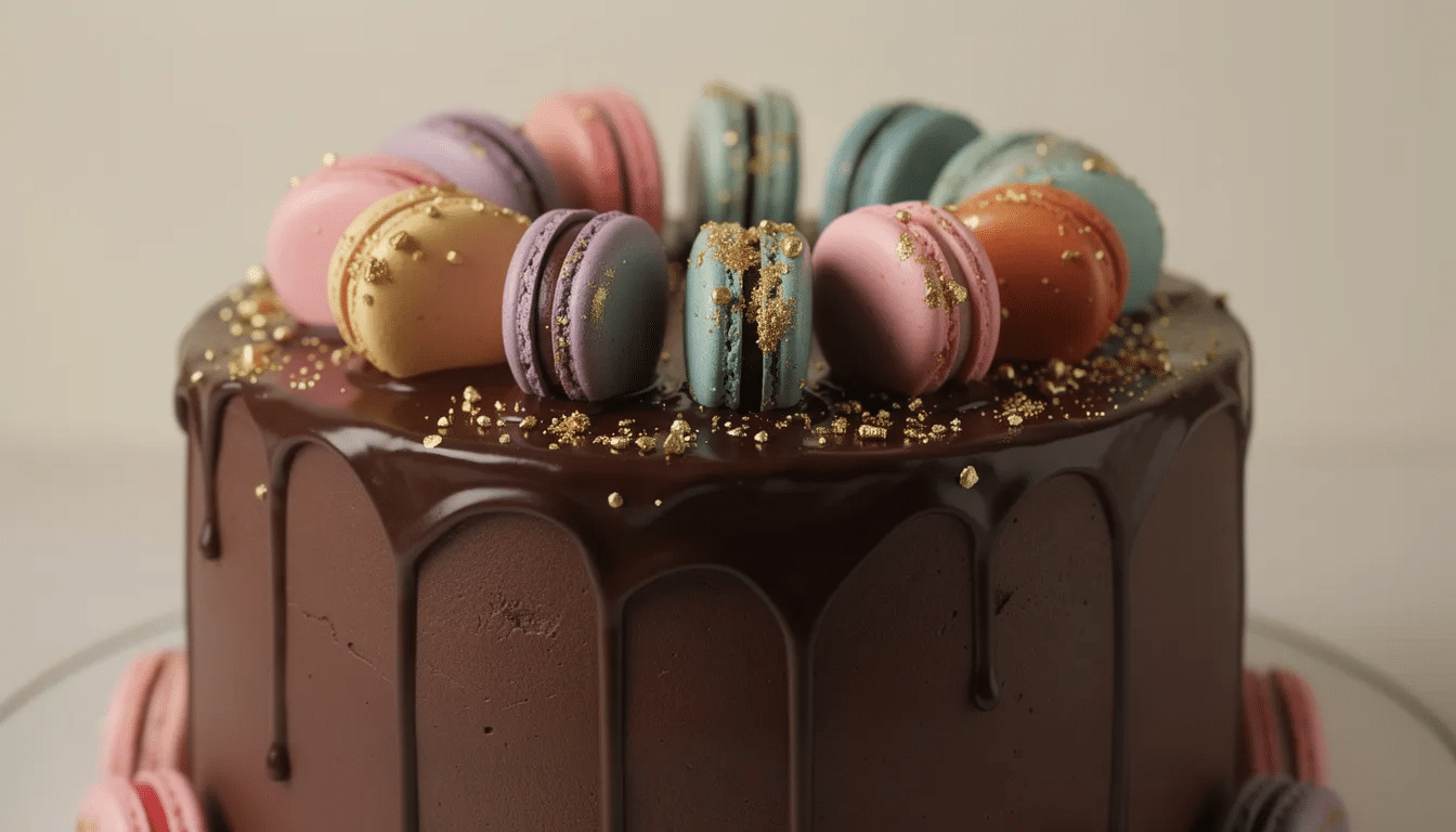 A close-up view of a decadent chocolate drip birthday cake, elegantly adorned with colorful macarons and shimmering gold sprinkles, highlighting its exquisite design. The rich chocolate ganache drips down the sides, adding to the cake's indulgent appearance.