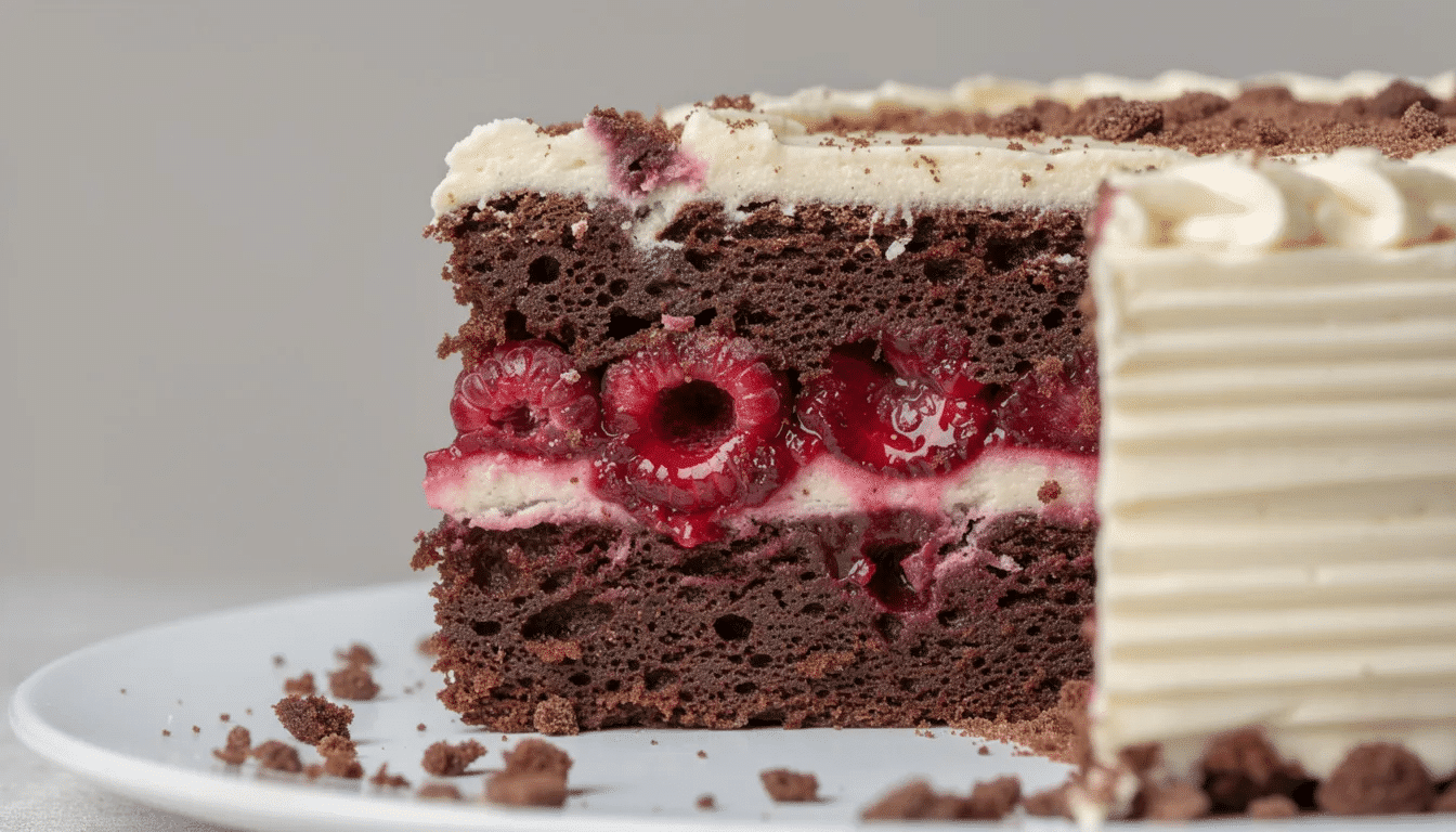 efa6d805-86b4-45f8-93b7-eb3d441a5e63 This close-up cross-section of a custom cake reveals rich chocolate sponge layers, vibrant raspberry filling, and smooth buttercream frosting, showcasing delightful texture contrasts that invite you to enjoy this special occasion treat.