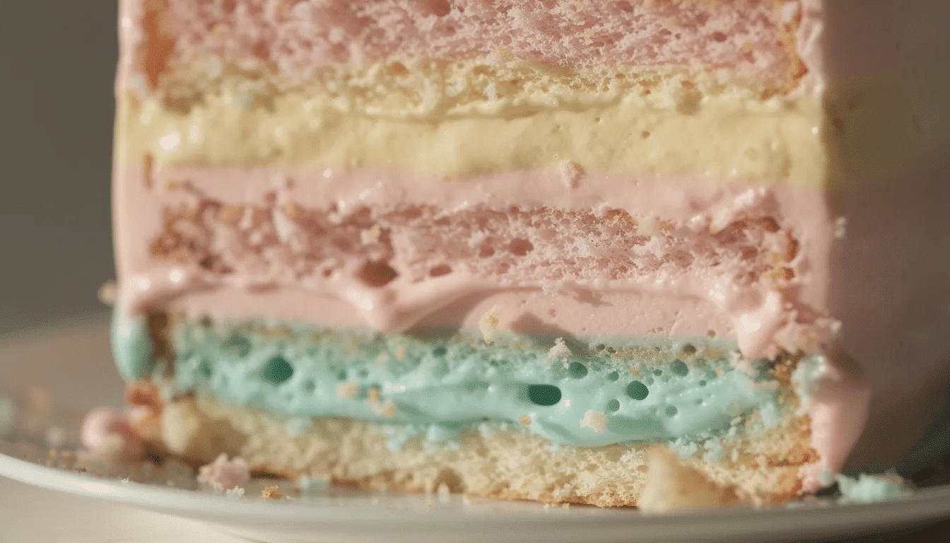 f00c0188-c405-4bdd-8e52-ac1956cd040e The image features a close-up view of a beautifully sliced layer cake, revealing vibrant and colorful filling between the cake layers, topped with a smooth layer of frosting and sprinkled with rainbow sprinkles. This delightful dessert showcases the artistry of custom cakes, perfect for celebrating a birthday or any special occasion.