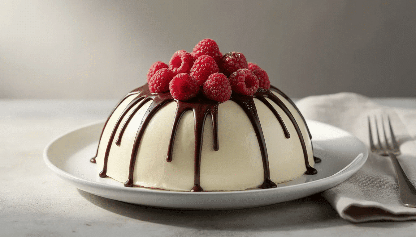 f2003972-2673-4ebd-9711-a176b819d98e A dome-shaped cream cake, completely covered in a smooth chocolate glaze, is beautifully topped with fresh raspberries on a white serving plate. The cake promises a delicious and refreshing taste, perfect for any occasion.