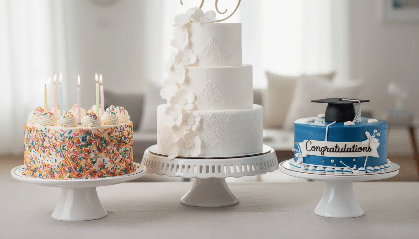 f3751ac4-3e15-4565-b3dd-bf3a92f53ffd A vibrant collection of celebration cakes is displayed on stands, featuring a sprinkle-covered birthday cake, an elegant white tiered wedding cake, and a blue graduation cake, perfect for various occasions. Each cake showcases unique designs, inviting viewers to appreciate the artistry and creativity involved in custom cake making.