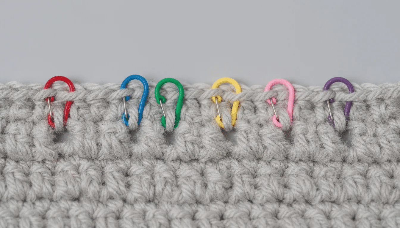 f3ba0828-47a5-4b6e-8d0b-01239ccc2942 The image features colorful locking stitch markers attached to a crocheted fabric, highlighting their placement at key points in the crochet project. These essential crochet tools aid in tracking progress and maintaining accurate stitch counts for beginner crocheters and experienced crafters alike.