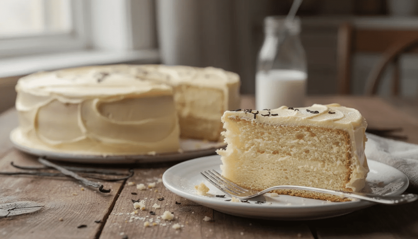 The image features a beautifully baked vanilla cake layered with fluffy buttercream frosting, showcasing a light golden color and a soft texture. It is elegantly presented on a wire rack, surrounded by fresh berries, emphasizing its appeal as a perfect dessert for celebrations like birthday cakes.
