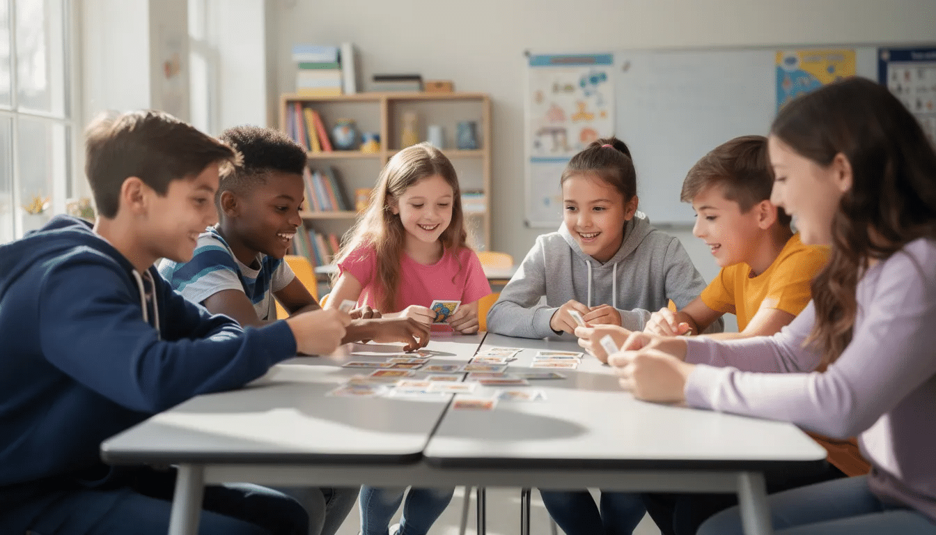 A diverse group of students is gathered around a classroom table, enthusiastically playing a card game that promotes game-based learning and student engagement. They are immersed in the learning process, using critical thinking and social skills to complete quests and achieve the game's objectives.