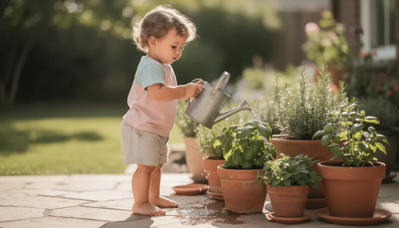 A young toddler joyfully pours water from a small watering can onto potted herbs on a sunny patio, engaging in a fun outdoor activity that promotes sensory play and fine motor skills. This delightful scene captures the essence of outdoor adventures, as the child explores the natural world while enjoying the fresh air.