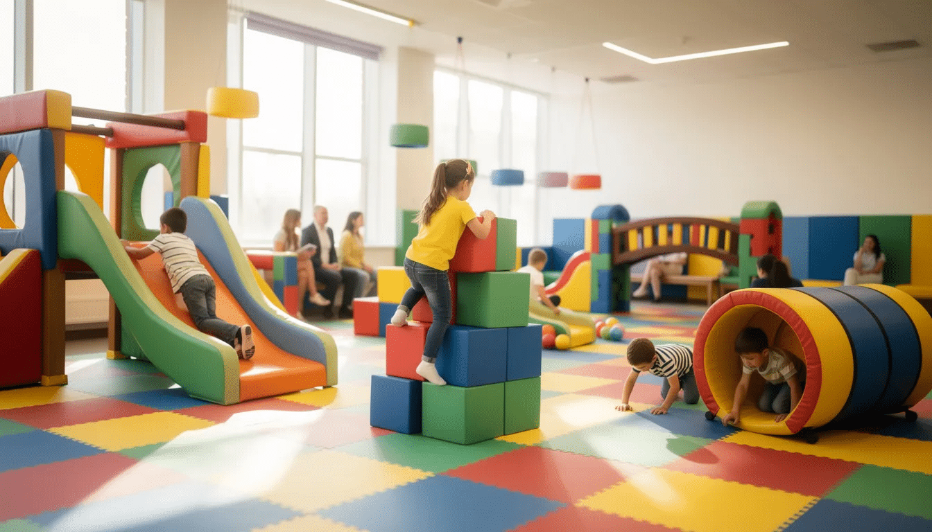 The image shows a vibrant indoor playground filled with children energetically climbing colorful foam structures and sliding down bright slides, promoting active play and gross motor development. The safe indoor play space is designed for imaginative play, allowing kids to explore and engage in fun physical challenges.