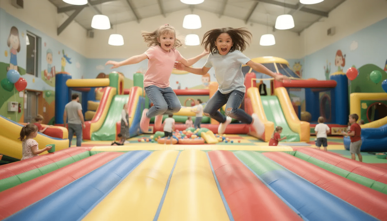The image shows kids joyfully jumping on vibrant inflatable structures within a colorful indoor playground, perfect for birthday parties and child-friendly fun in Houston, TX. This lively play facility is designed for children to explore and enjoy, making it an ideal place for a child's party with friends.