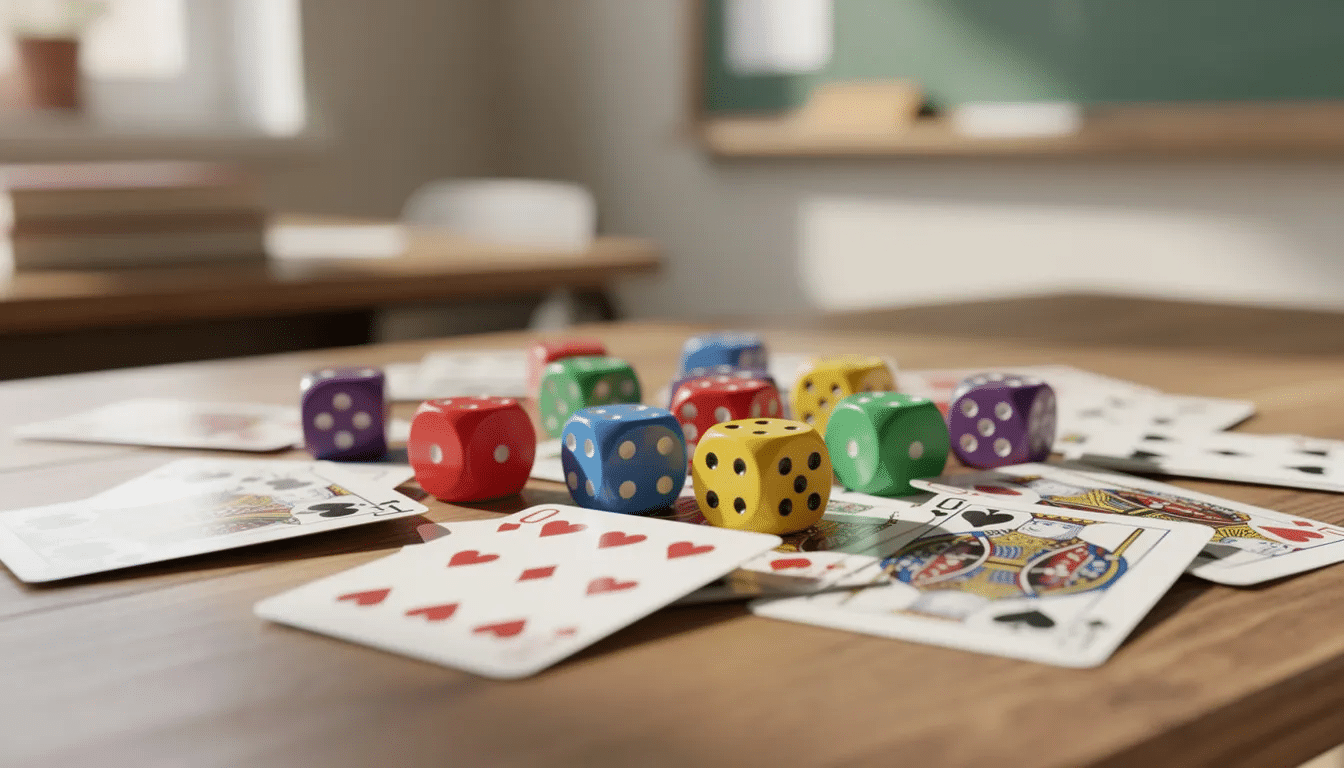 The image features a vibrant assortment of colorful dice and playing cards scattered across a wooden classroom desk, symbolizing game-based learning and student engagement through fun educational activities. This playful arrangement encourages critical thinking and problem-solving skills among students as they immerse themselves in learning experiences.