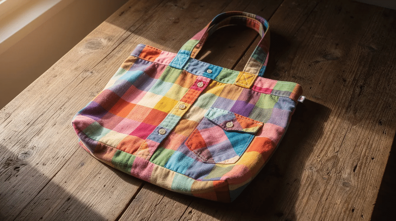 03408ac3-0615-4819-bf83-bd058757256b A soft handmade tote bag, crafted from a colorful old t-shirt, rests on a wooden table, showcasing its bright colors and unique design. This eco-friendly project gives new life to old clothes, making it a wonderful way to create a functional accessory from fabric scraps.